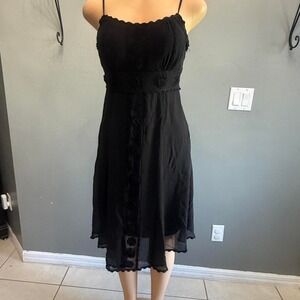 Sue Wong Black dress with lace trim, ruffles, and flower detai